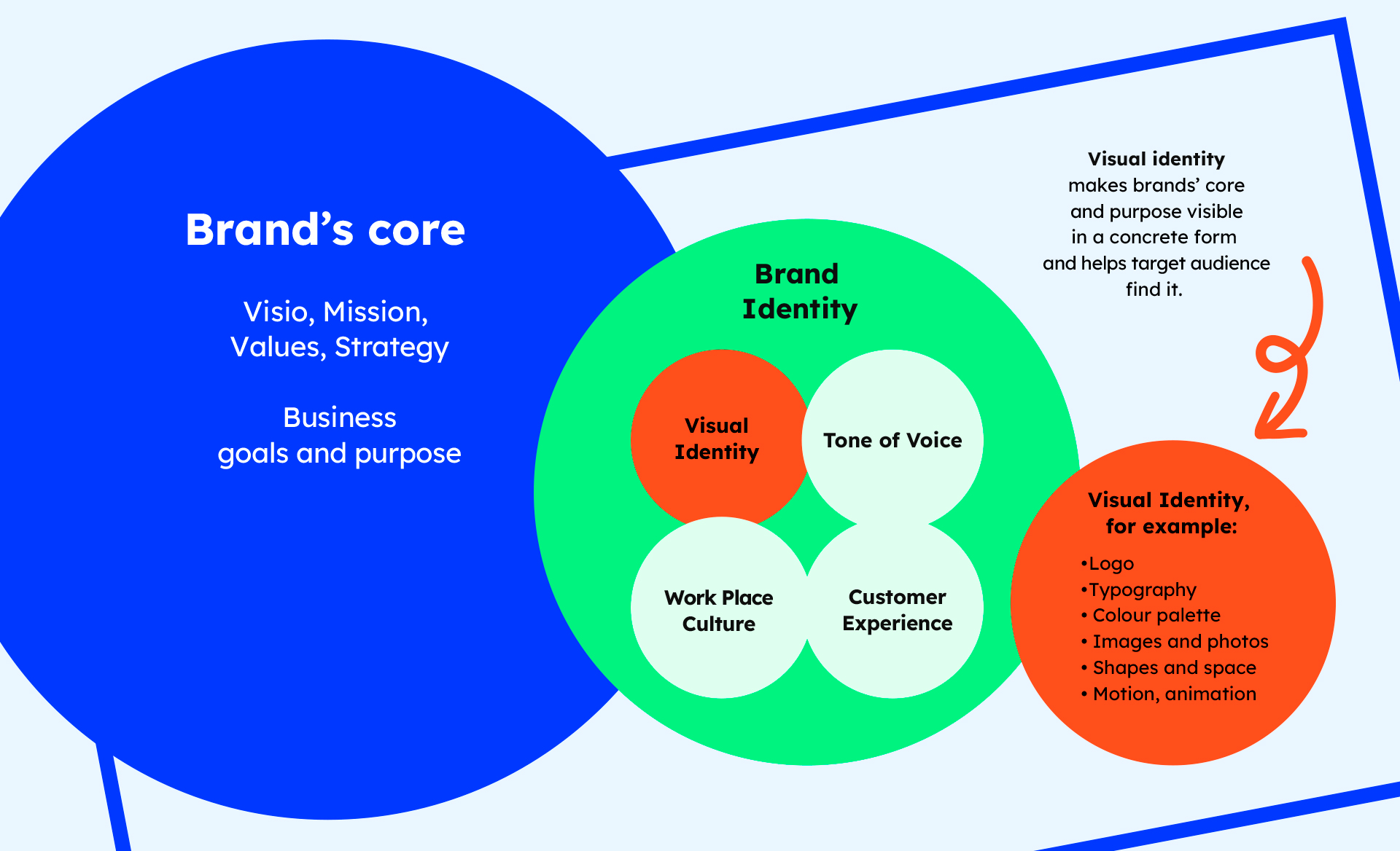 A infogram about the hierachy of brand's core, brand identity and visual identity. Three circle shapes next to each other, where the brand core circle is the biggest, brand identity medium sized and the visual identity smallest.